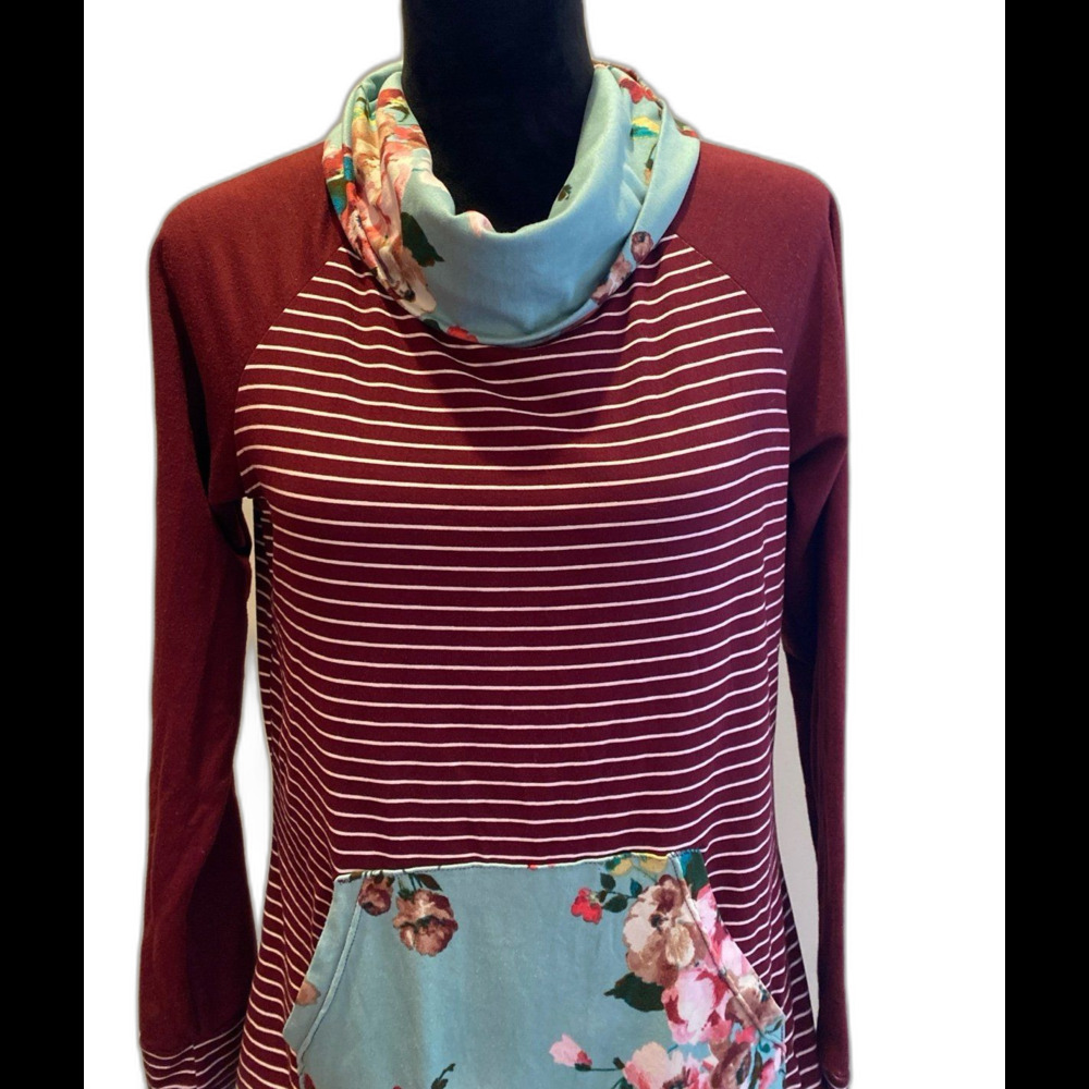 Swift Fox Knit Top Size‎ ? Large Burgundy Stripe Cowl Neck Raglan Sleeves SOFT
